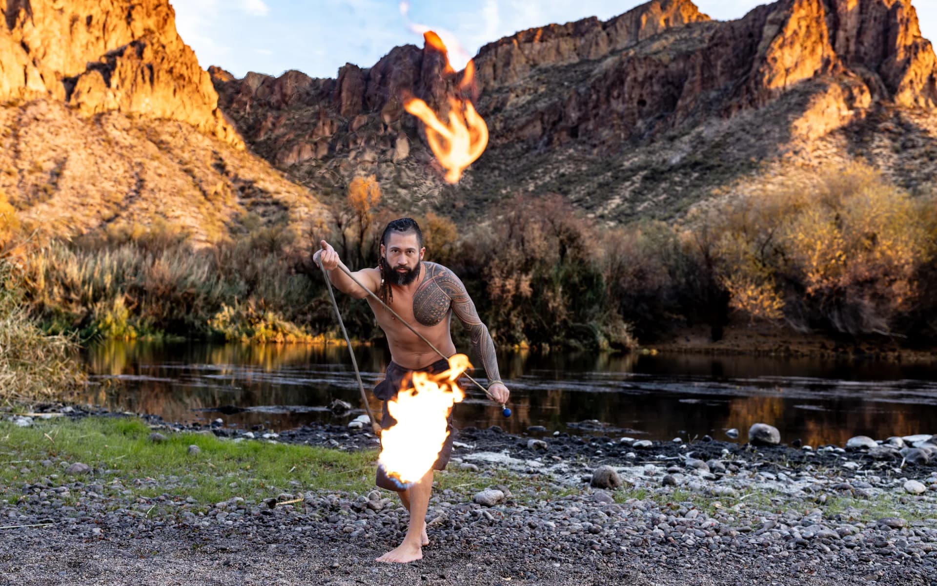 Joseph Cancilla performing with fire at night